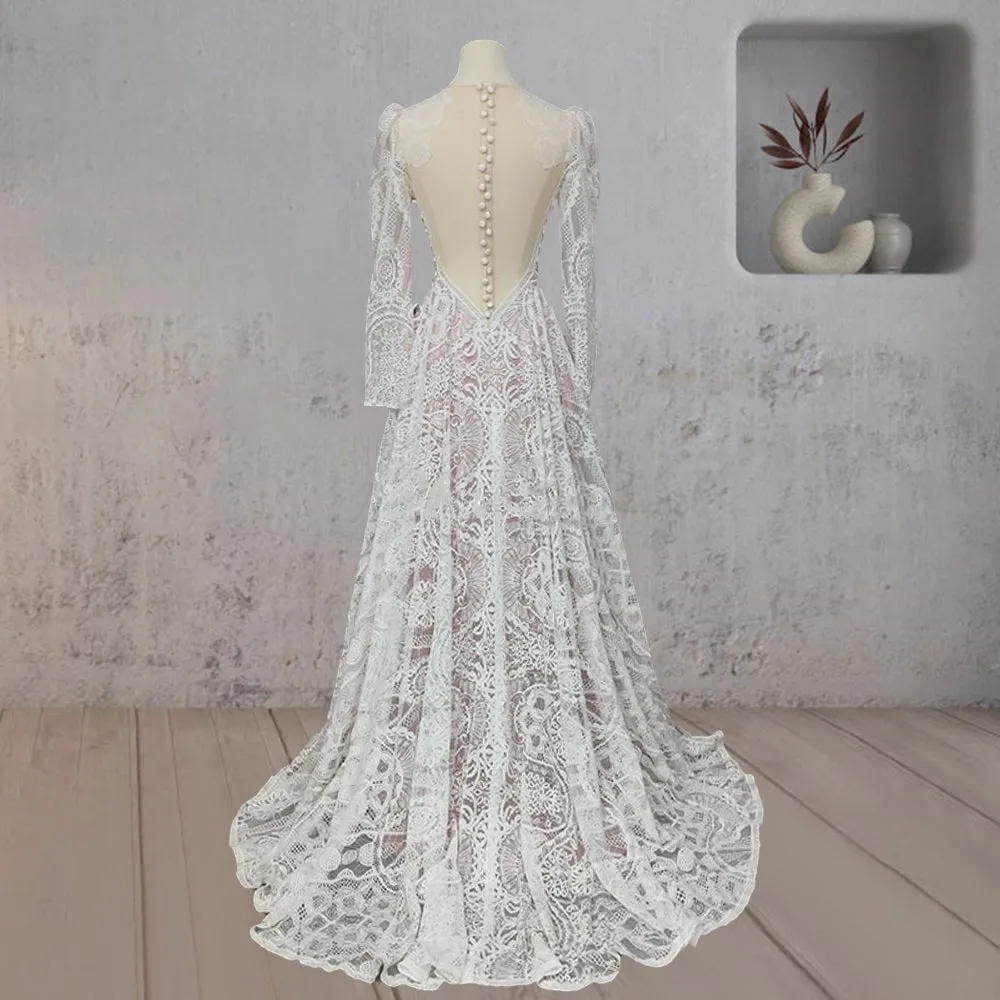 Ruched Bohemian Lace Round Neck Wedding Dress sold by KissProm product image thumbnail 2