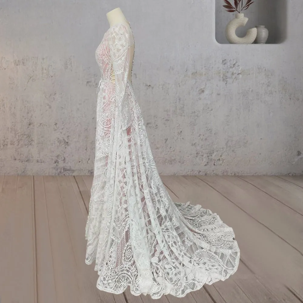 Ruched Bohemian Lace Round Neck Wedding Dress sold by KissProm product image thumbnail 3