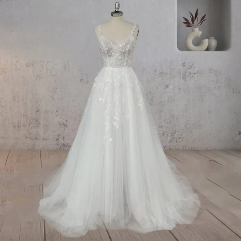 A-Line White Flower Appliqued Tulle Wedding Dress made by KissProm