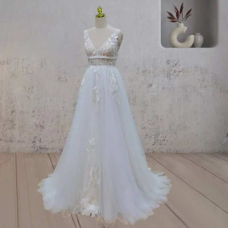 White A-Line V Back Lace Wedding Dress with Train made by KissProm