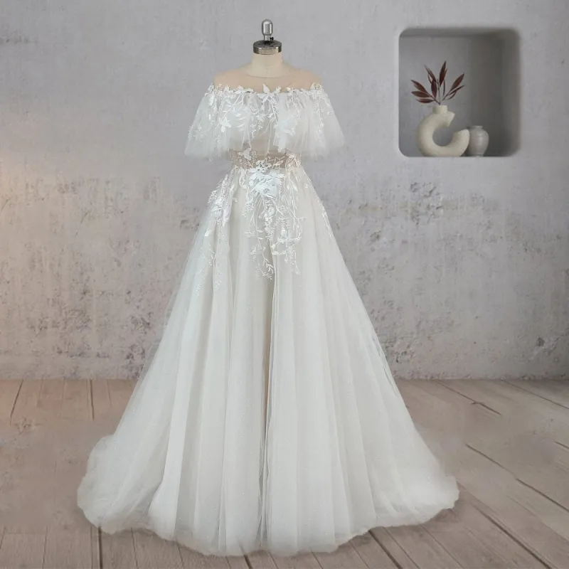 A-Line Lace Button Covered Back Tulle Wedding Dress made by KissProm