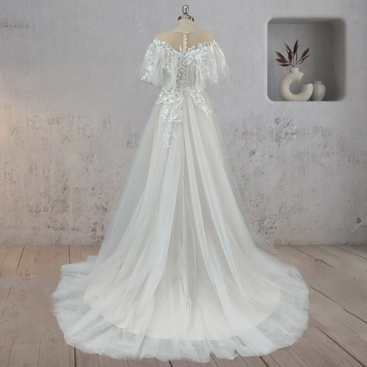 A-Line Lace Button Covered Back Tulle Wedding Dress sold by KissProm product image thumbnail 2