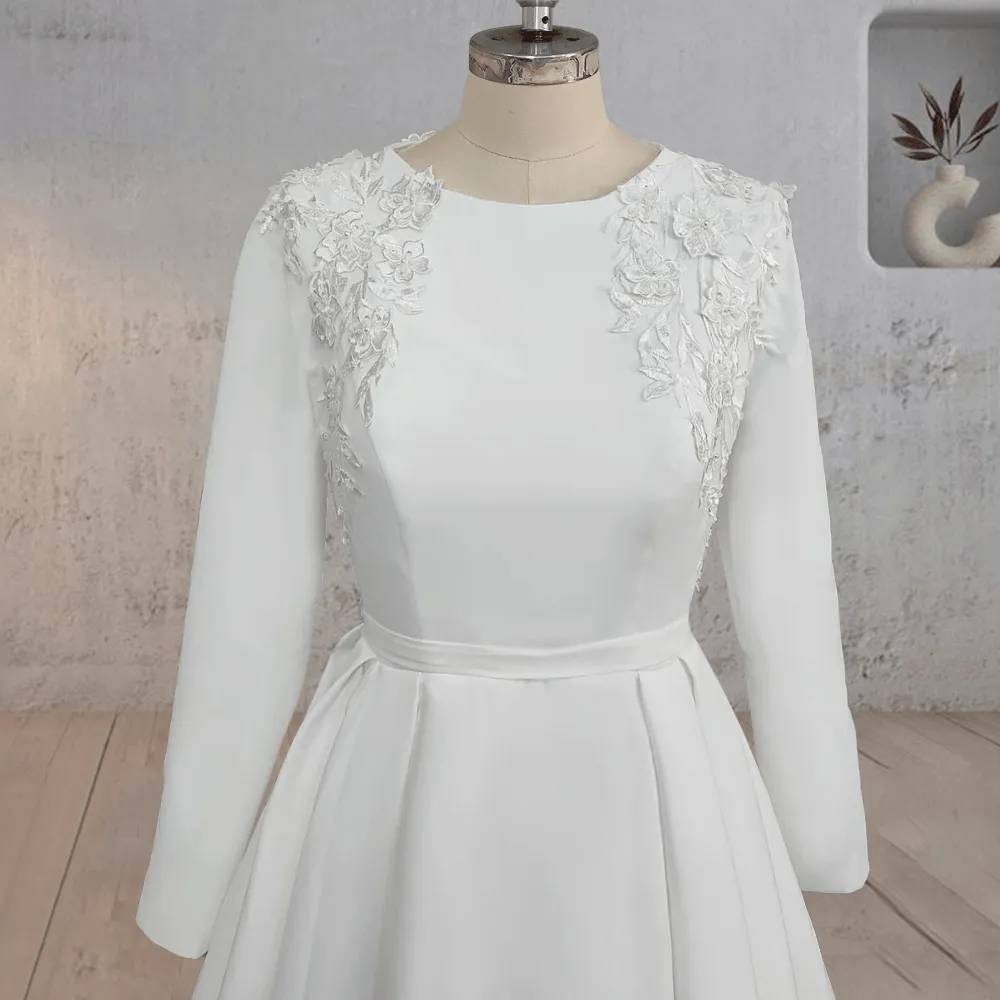 A Line White Long Sleeves Appliqued Wedding Dresses with Train sold by KissProm product image thumbnail 4