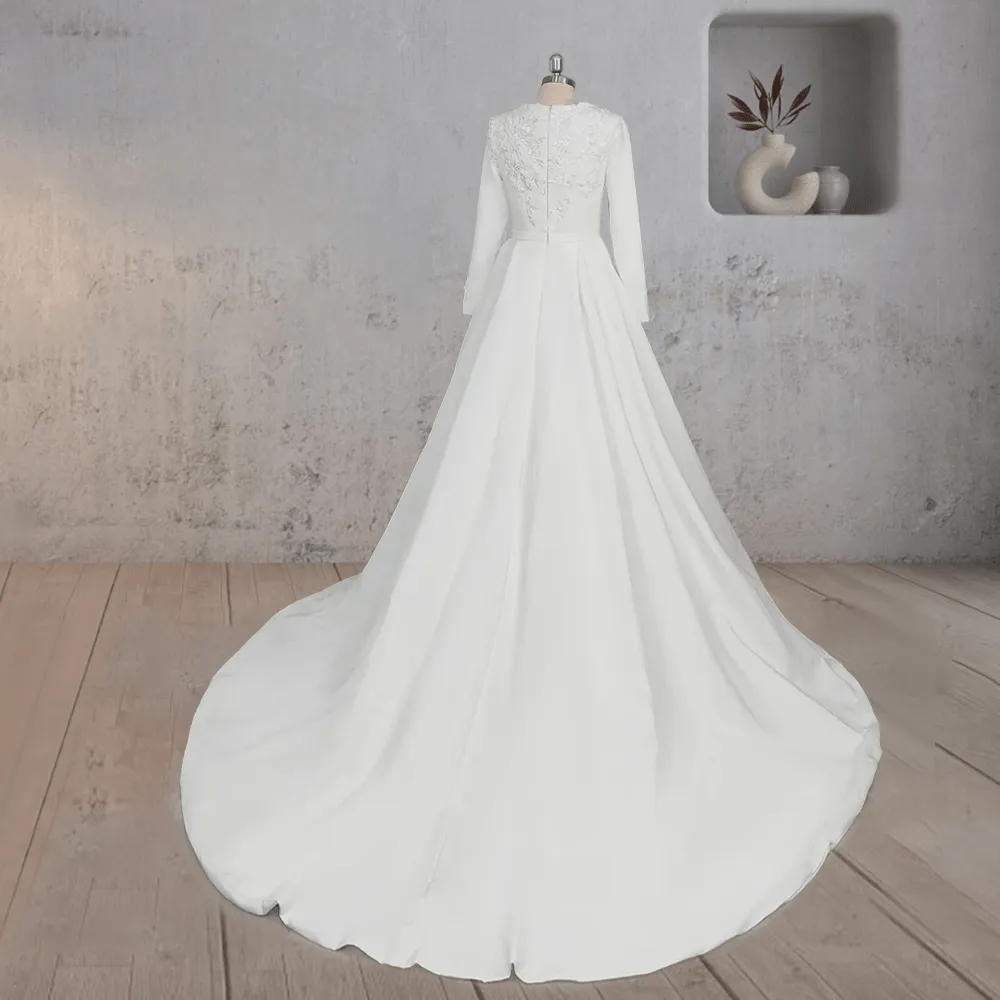 A Line White Long Sleeves Appliqued Wedding Dresses with Train sold by KissProm product image thumbnail 3
