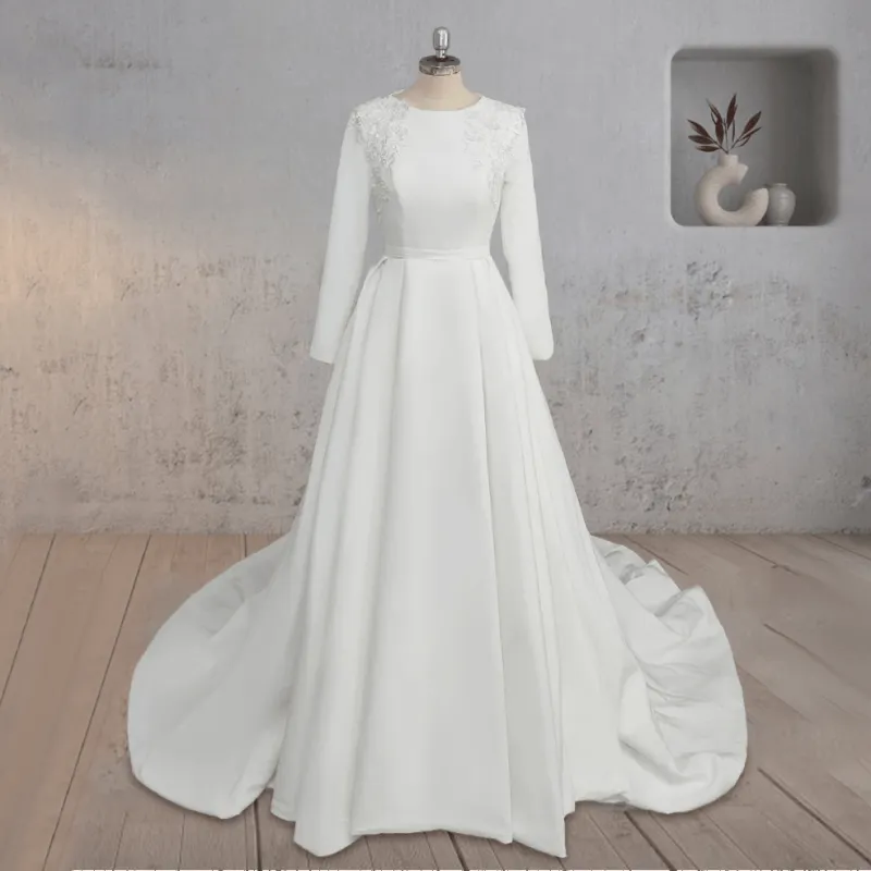 A Line White Long Sleeves Appliqued Wedding Dresses with Train made by KissProm