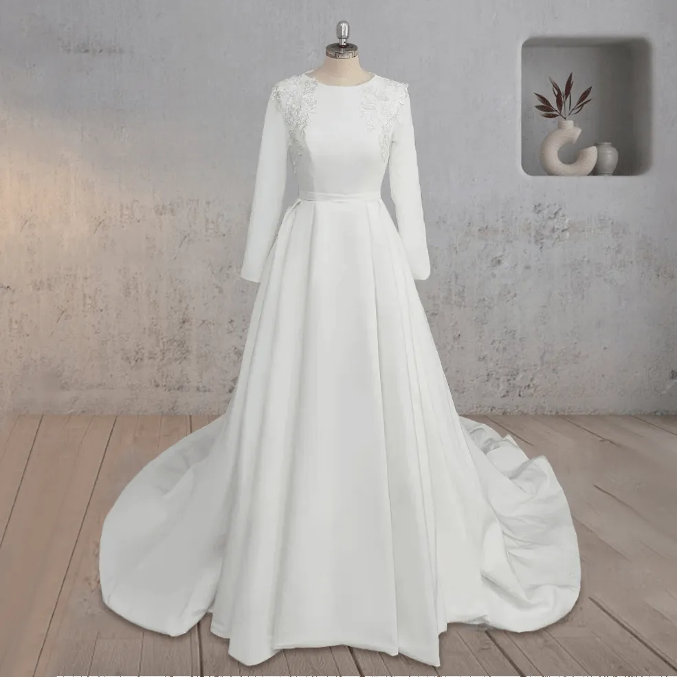 A Line White Long Sleeves Appliqued Wedding Dresses with Train sold by KissProm