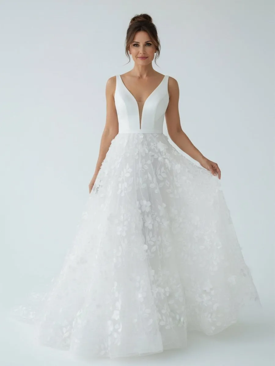 A Line White Tulle Lace Sleeveless Flowers Wedding Dresses sold by KissProm product image thumbnail 4