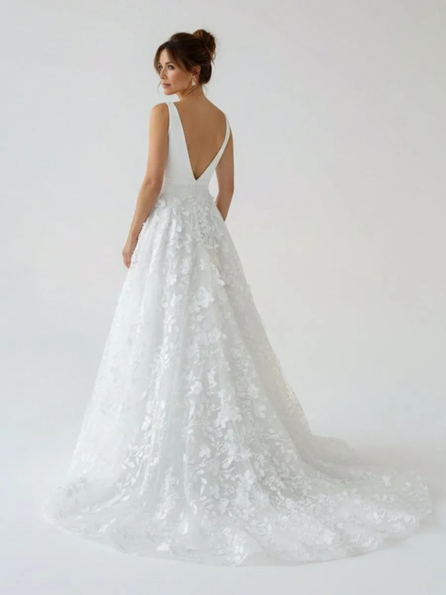 A Line White Tulle Lace Sleeveless Flowers Wedding Dresses sold by KissProm product image thumbnail 2