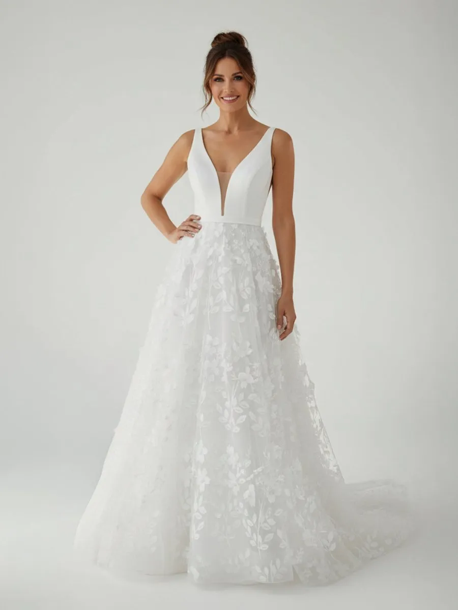A Line White Tulle Lace Sleeveless Flowers Wedding Dresses sold by KissProm