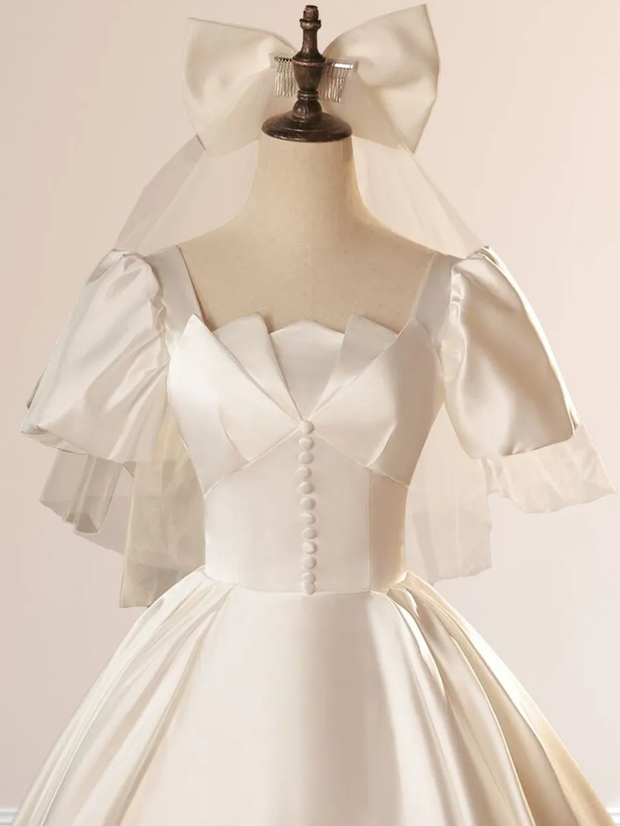 White Satin Square Neck Short Sleeve Lace Up Wedding Dress sold by KissProm product image thumbnail 4