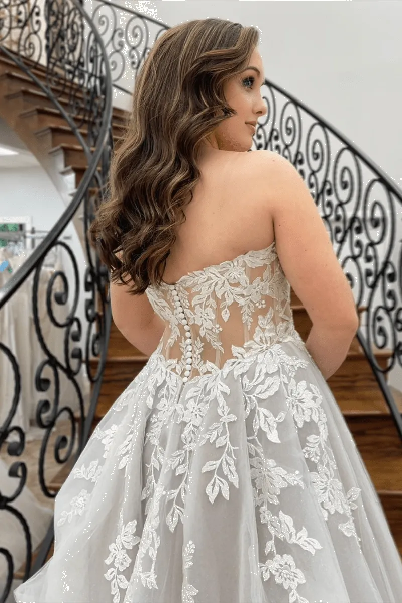 White Strapless Appliques Tulle A-line Long Wedding Dress sold by KissProm product image thumbnail 4