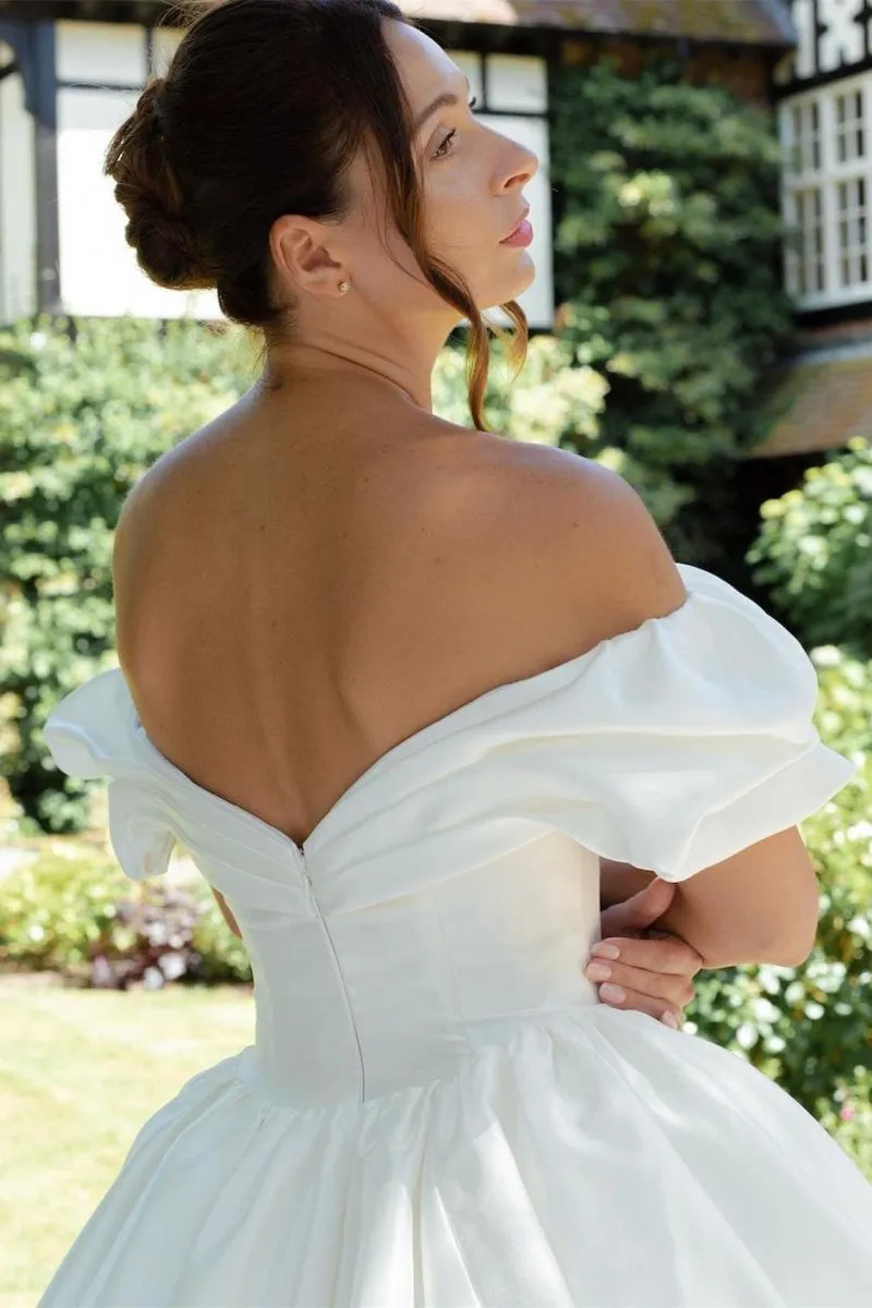 White Puff Off-the-Shoulder V Neck Sweeping Long Wedding Dress sold by KissProm product image thumbnail 4