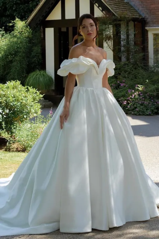 White Puff Off-the-Shoulder V Neck Sweeping Long Wedding Dress made by KissProm