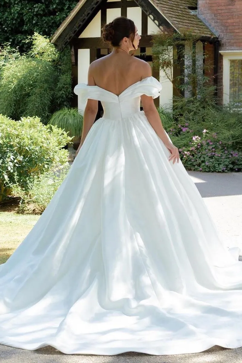White Puff Off-the-Shoulder V Neck Sweeping Long Wedding Dress sold by KissProm product image thumbnail 2