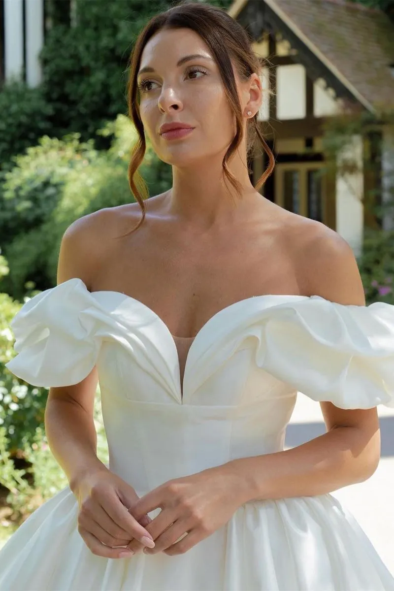 White Puff Off-the-Shoulder V Neck Sweeping Long Wedding Dress sold by KissProm product image thumbnail 3