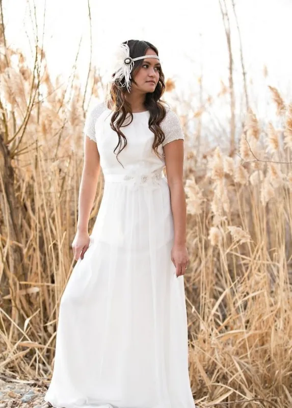 Crystals Short Sleeves Chiffon Boho Simple White Wedding Dresses made by KissProm