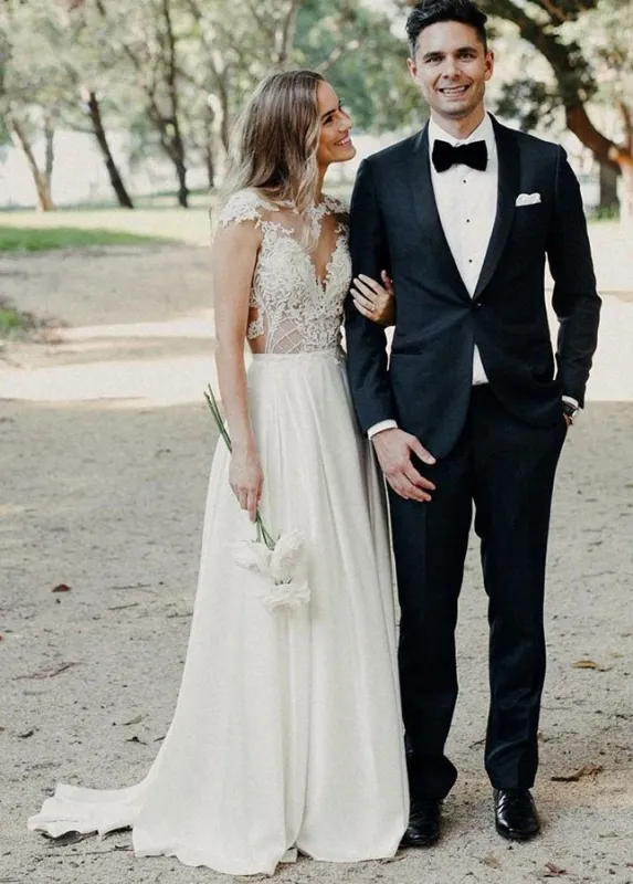 A-Line Cap Sleeve Long Backless Wedding Dresses with Appliques made by KissProm