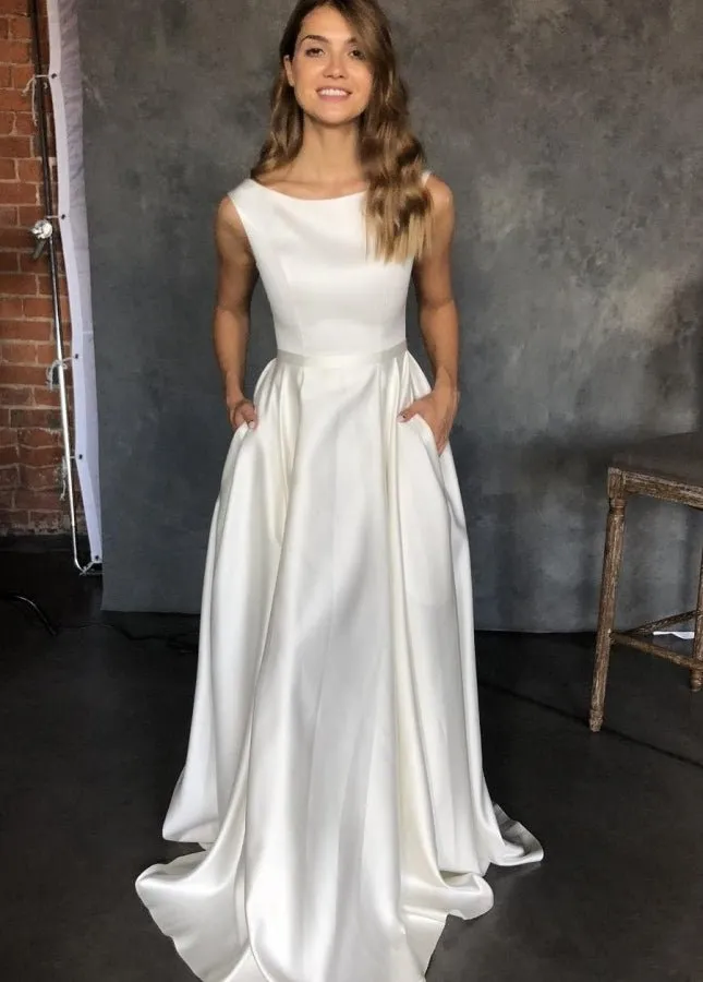 Pure White Satin Sleeveless Bridal Dresses with Pockets sold by KissProm