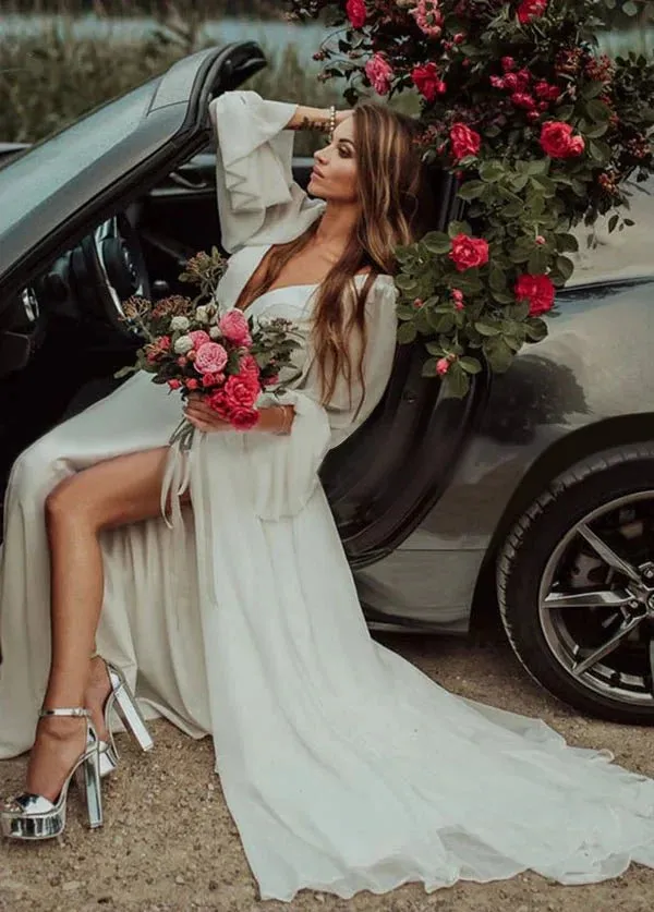 Chiffon A-Line High Slit Beach Long-Sleeve V-Neck Romantic Wedding Dresses sold by KissProm product image thumbnail 3