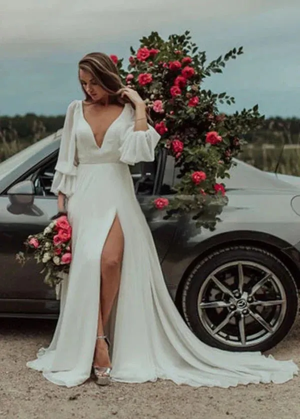 Chiffon A-Line High Slit Beach Long-Sleeve V-Neck Romantic Wedding Dresses sold by KissProm product image thumbnail 4