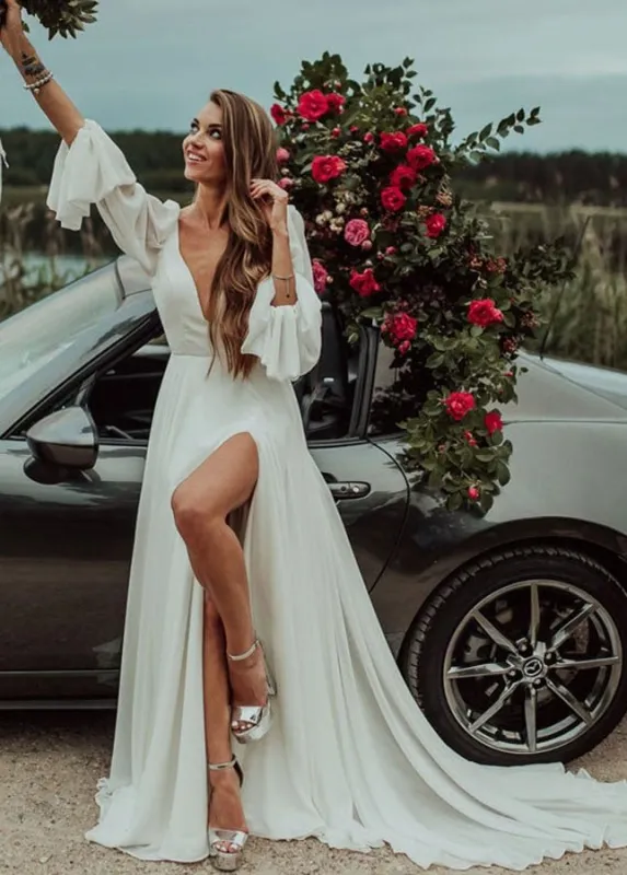 Chiffon A-Line High Slit Beach Long-Sleeve V-Neck Romantic Wedding Dresses made by KissProm