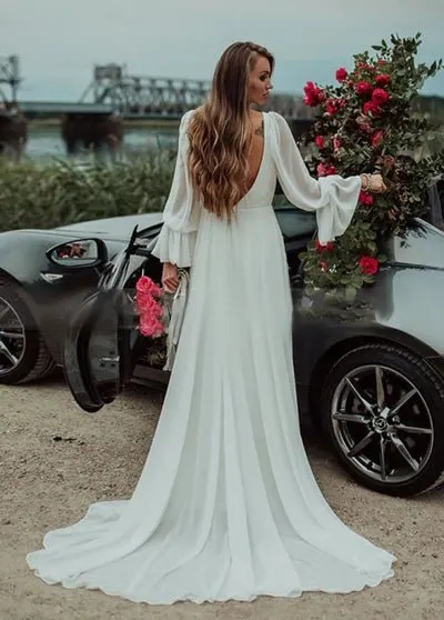 Chiffon A-Line High Slit Beach Long-Sleeve V-Neck Romantic Wedding Dresses sold by KissProm product image thumbnail 2