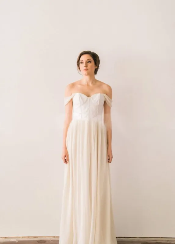 Chiffon A-line Off-the-Shoulder Backless Beach Wedding Dress with Lace Bodice made by KissProm