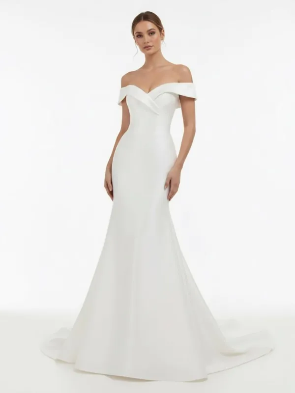 Chic Satin Off the Shoulder Sleeveless Sweep-Train Bridal Dress made by KissProm