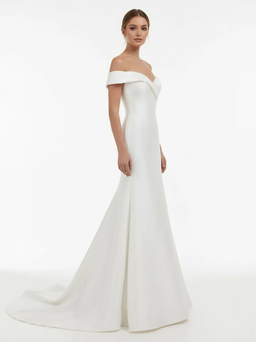 Chic Satin Off the Shoulder Sleeveless Sweep-Train Bridal Dress sold by KissProm product image thumbnail 3
