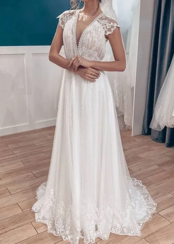 Casual A-line Backyard Tulle Long Wedding Dresses with Cap Sleeves made by KissProm