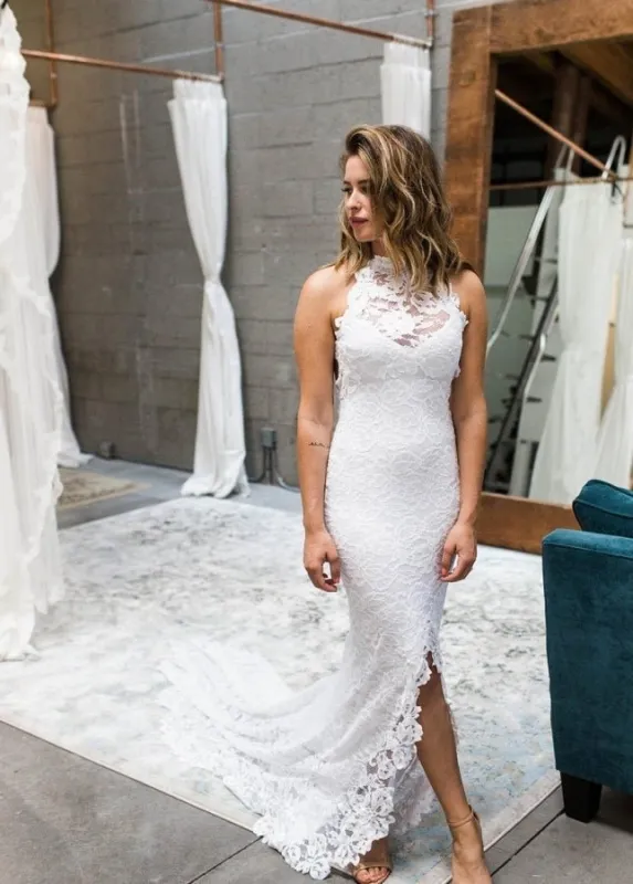 Boho Style Chic Mermaid Sleeveless Lace Appliques Wedding Dress made by KissProm