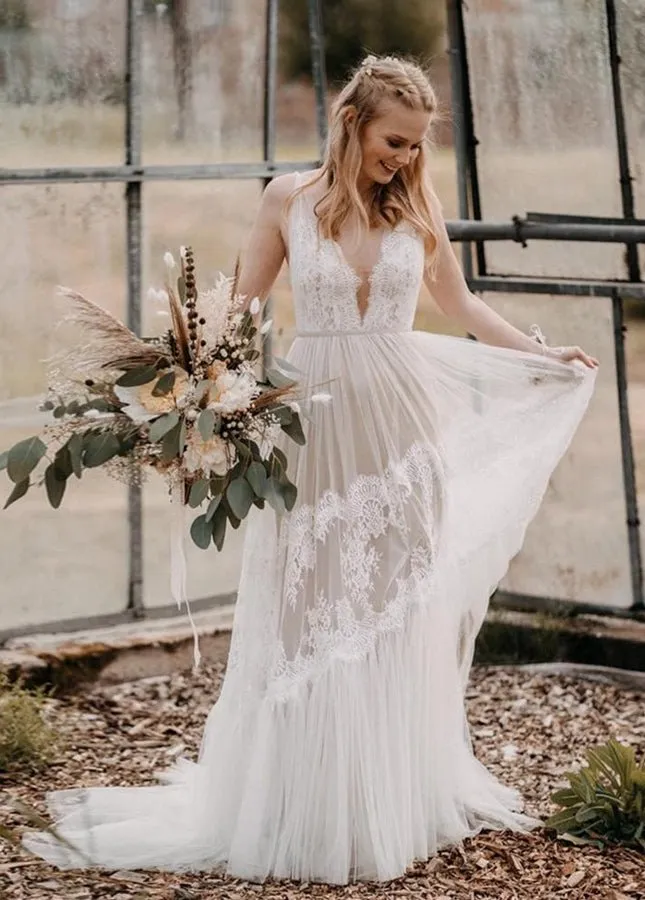 Bohemian Wedding Dresses V-Neck Backless Romantic Dreamy Bridal Gowns sold by KissProm product image thumbnail 5