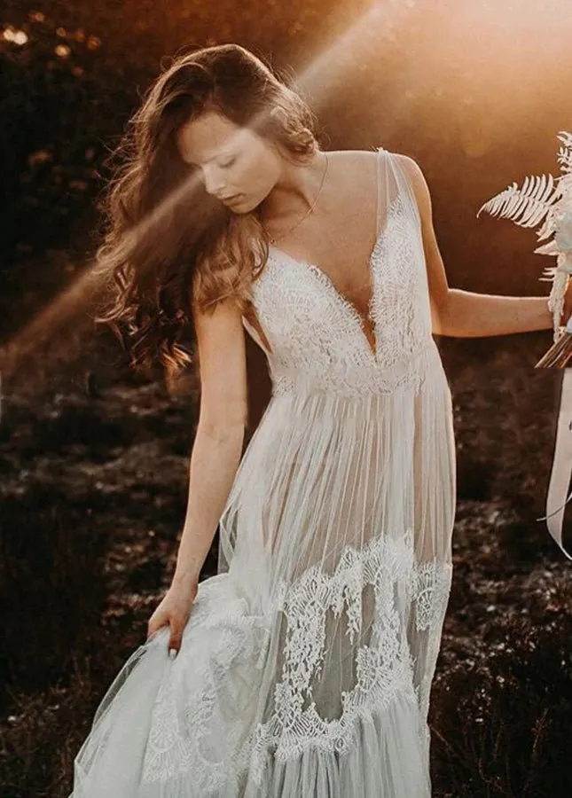 Bohemian Wedding Dresses V-Neck Backless Romantic Dreamy Bridal Gowns sold by KissProm product image thumbnail 2