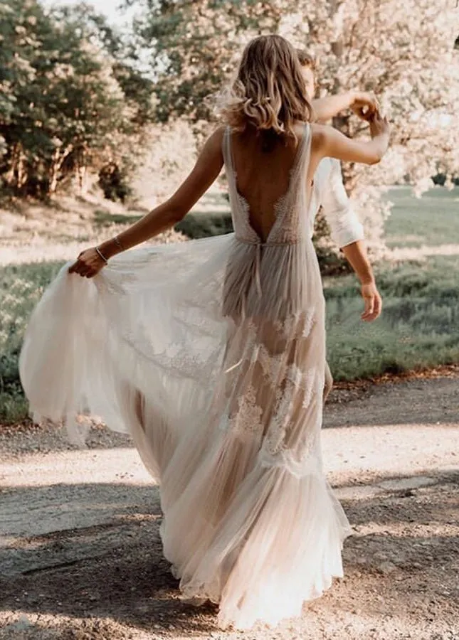Bohemian Wedding Dresses V-Neck Backless Romantic Dreamy Bridal Gowns sold by KissProm product image thumbnail 3