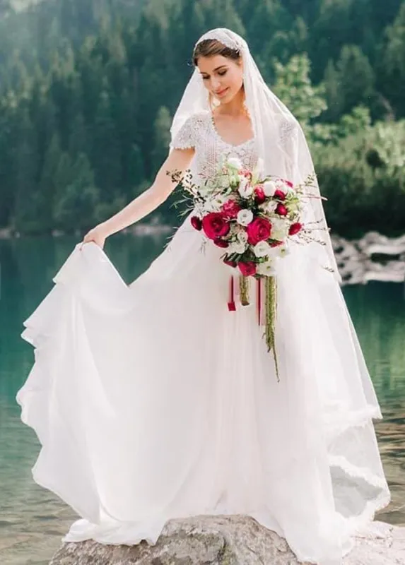 Bohemian Wedding Dresses Lace Short Sleeve Chiffon Bridal Gowns made by KissProm