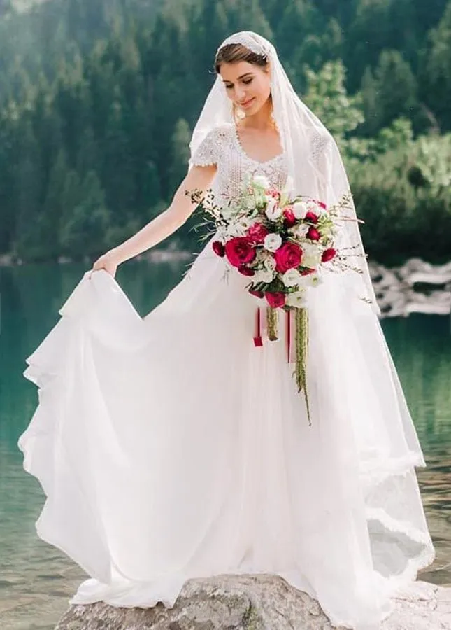 Bohemian Wedding Dresses Lace Short Sleeve Chiffon Bridal Gowns sold by KissProm
