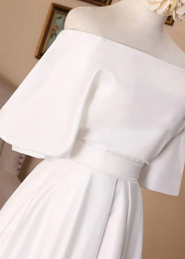 Off-the-Shoulder Simple White Satin Wedding Dress with Half Sleeves sold by KissProm product image thumbnail 4