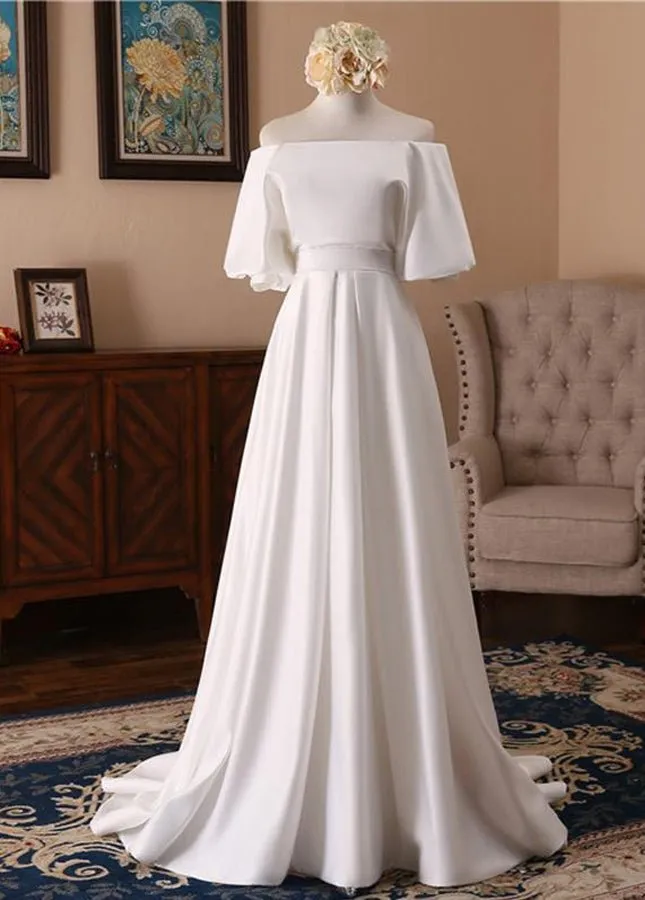 Off-the-Shoulder Simple White Satin Wedding Dress with Half Sleeves sold by KissProm