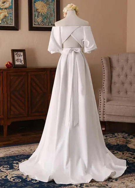 Off-the-Shoulder Simple White Satin Wedding Dress with Half Sleeves sold by KissProm product image thumbnail 2