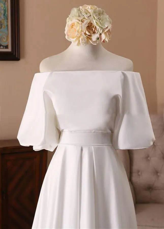 Off-the-Shoulder Simple White Satin Wedding Dress with Half Sleeves sold by KissProm product image thumbnail 3