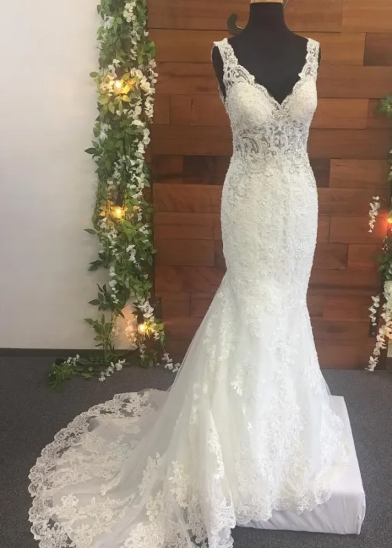 Beaded Lace Appliques V-Neck Sleeveless Mermaid Wedding Dresses made by KissProm