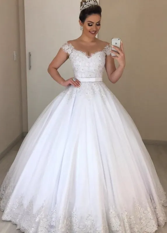 Luxurious Beading Appliques Off-the-Shoulder Tulle Wedding Dress made by KissProm