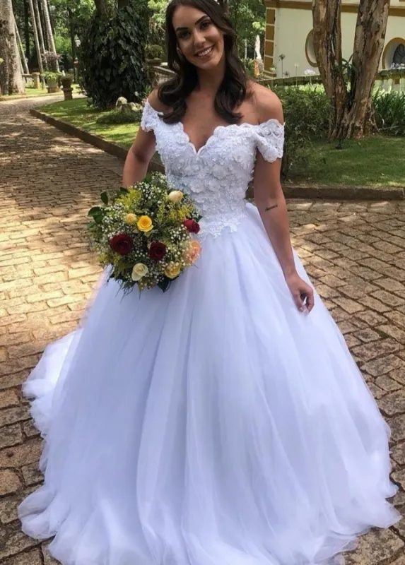 Off-the-shoulder Lace Appliques A-Line White Tulle Bridal Wedding Gown made by KissProm