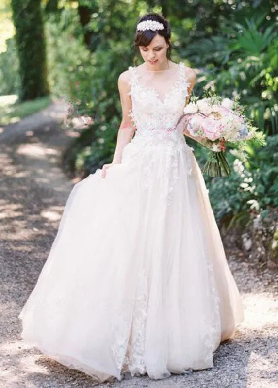 A-line Tulle Lace Appliques Princess Covered-Button Wedding Gown made by KissProm