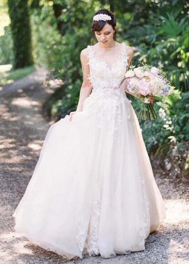 A-line Tulle Lace Appliques Princess Covered-Button Wedding Gown sold by KissProm