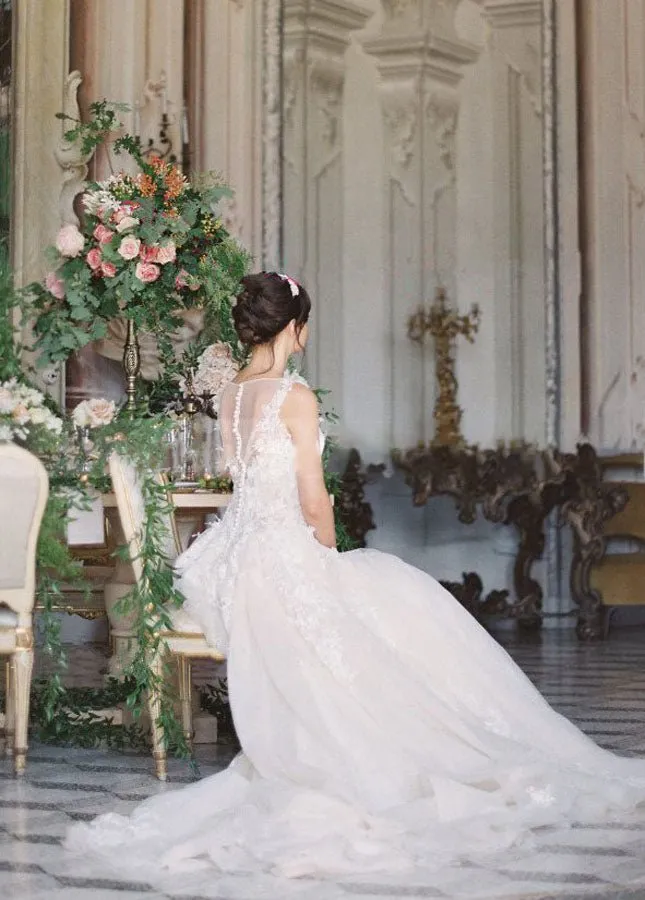 A-line Tulle Lace Appliques Princess Covered-Button Wedding Gown sold by KissProm product image thumbnail 2