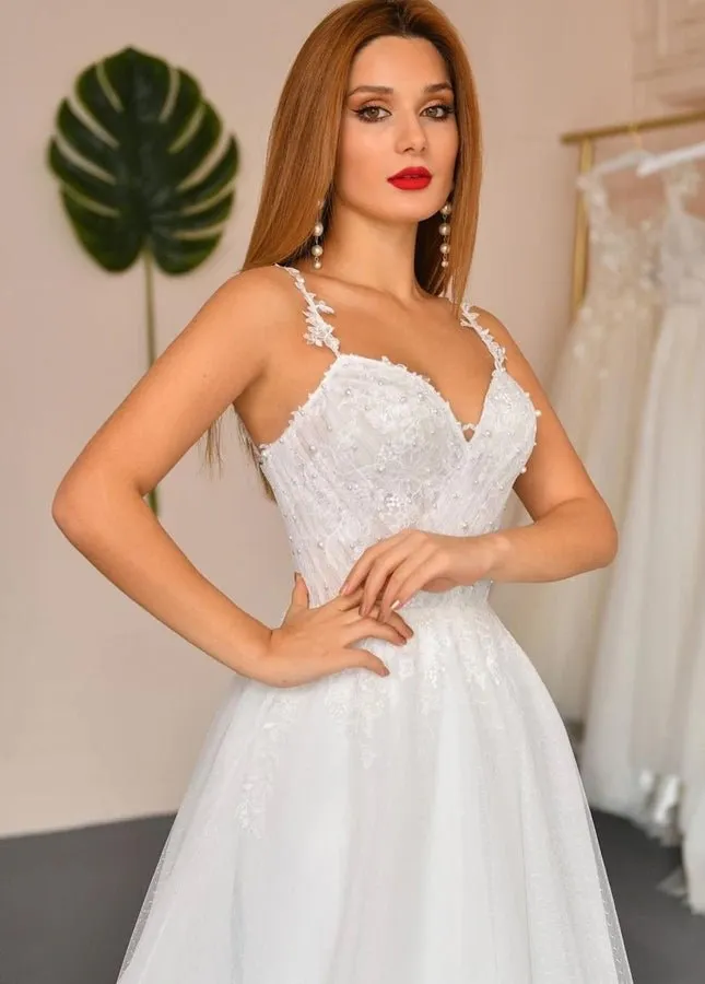 A-line Spaghetti Straps Sleeveless White Appliques Tulle Pearls Wedding Bridal Dress sold by KissProm product image thumbnail 2