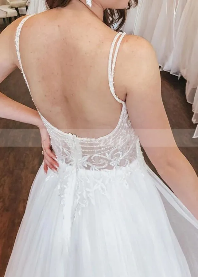 A-line Open Back Spaghetti Straps Sleeveless Lace Tulle Wedding Dress sold by KissProm product image thumbnail 2