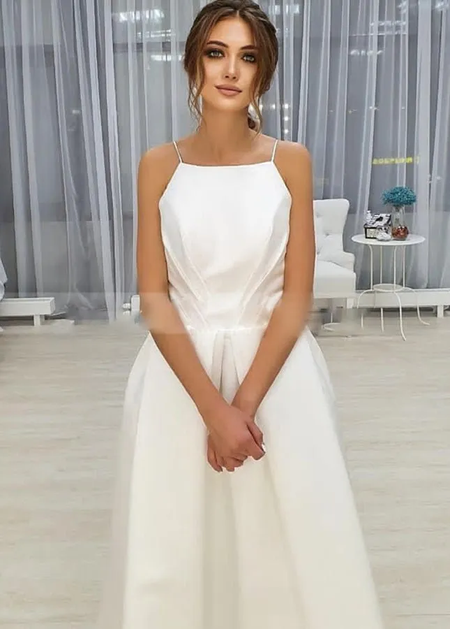 Simple Open Back Tea Length A-Line Sleeveless Spaghetti-Straps Wedding Dress with Pockets sold by KissProm product image thumbnail 2