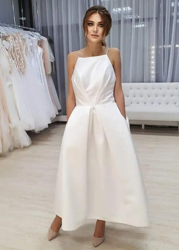 Simple Open Back Tea Length A-Line Sleeveless Spaghetti-Straps Wedding Dress with Pockets made by KissProm